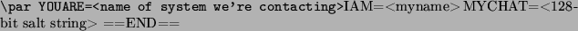 \begin{verb}
\par YOUARE=<name of system we're contacting>
IAM=<myname>
MYCHAT=<128-bit salt string>
==END==
\par\end{verb}